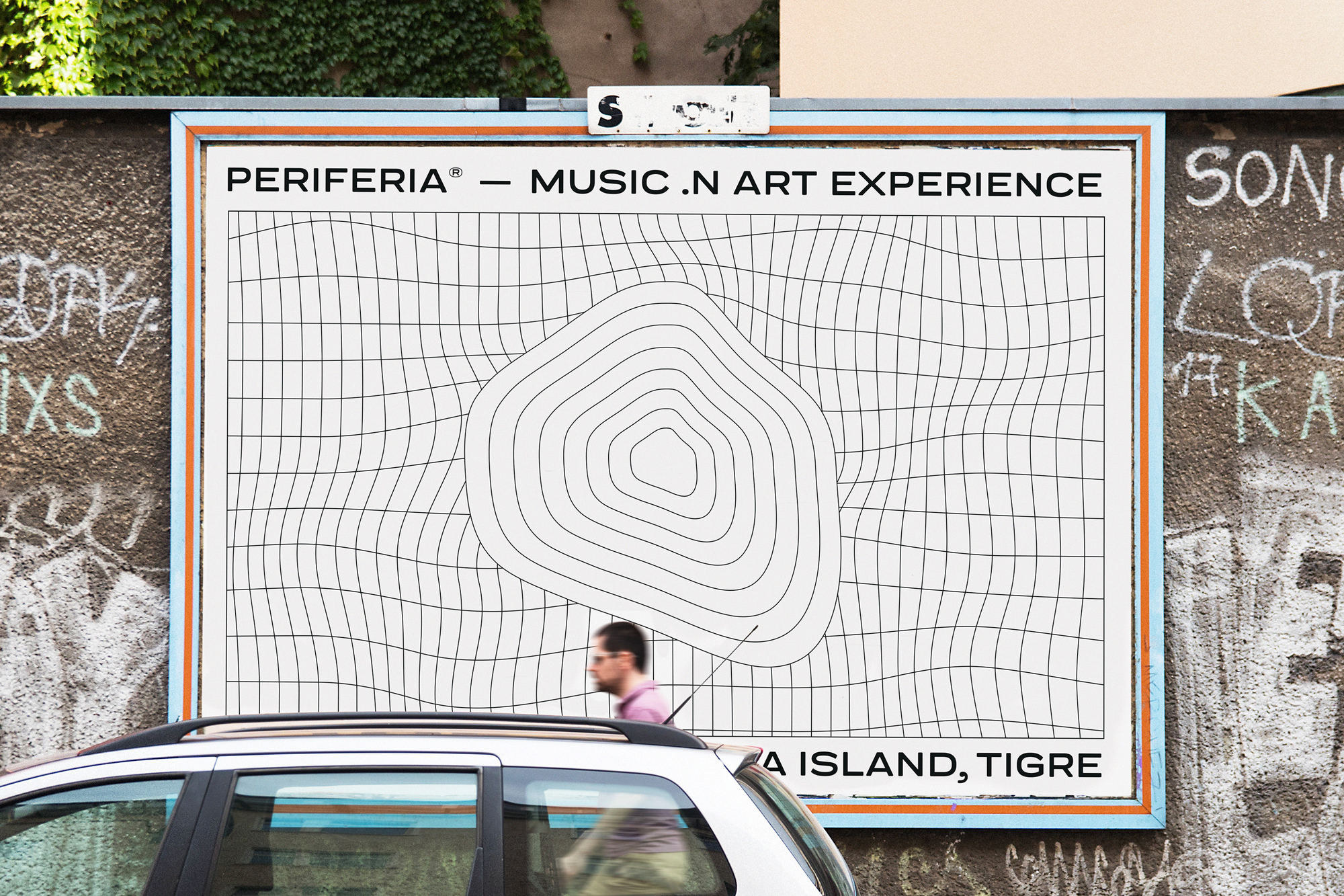 A man walks past a billboard for PERIFERIA - MUSIC .N ART EXPERIENCE featuring a black and white distorted line graphic.