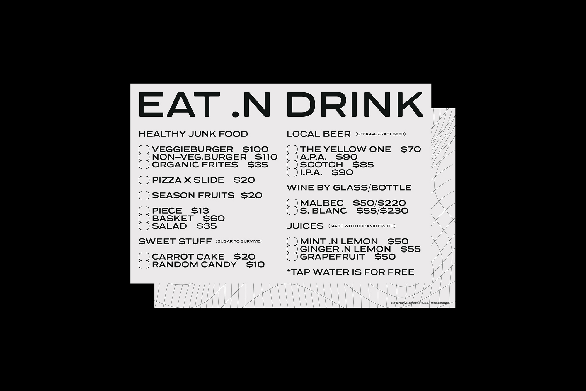 Menu with food and drink items listed, including veggie burger, pizza, salads, beer, wine, juices, and prices on a light background.