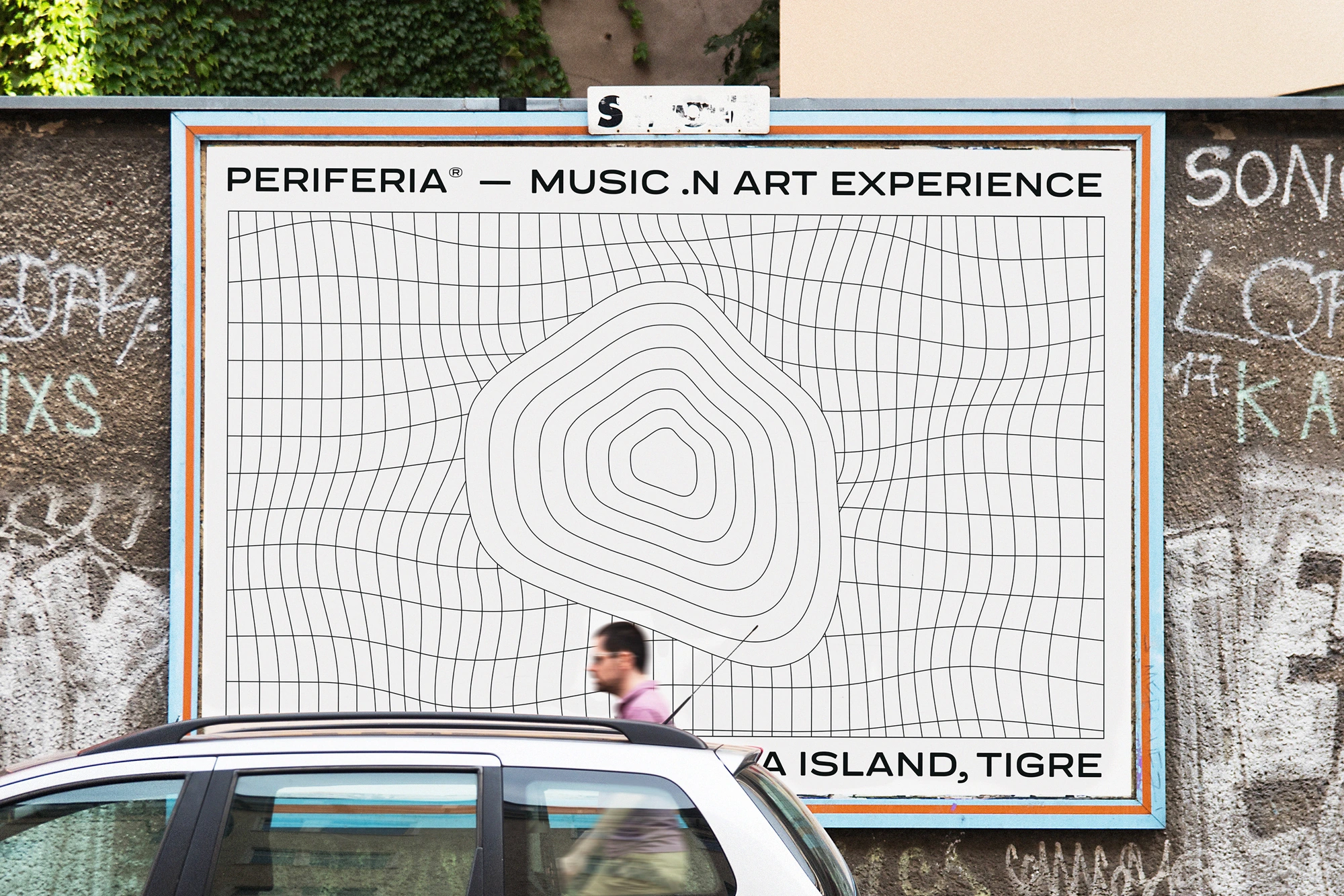 Outdoor billboard featuring geometric line art for Festival Periferia on a textured wall with a car passing