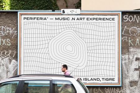 Outdoor billboard featuring geometric line art for Festival Periferia on a textured wall with a car passing