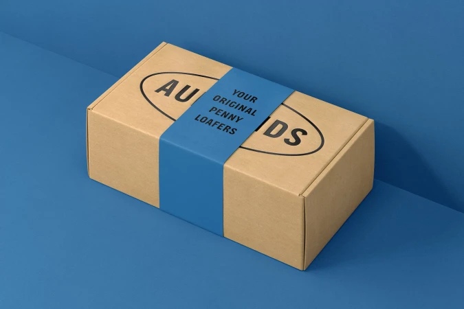 Product shot of a cardboard shoe box wrapped with a blue band displaying the brand name and shoe type against a blue background.