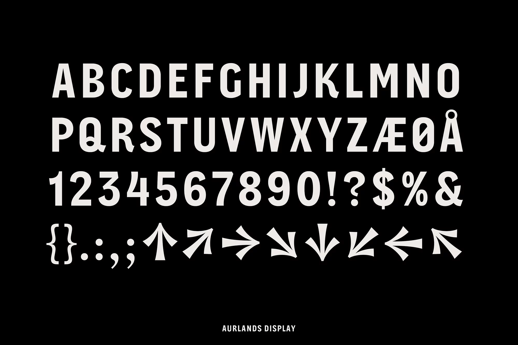 Display of the Aurlads font in white letters and numbers against a black background, featuring the alphabet, numbers, symbols, and arrows.