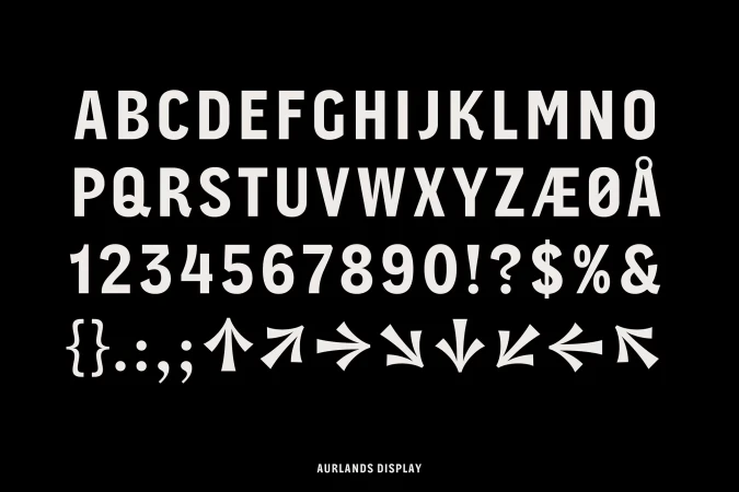 Display of the Aurlads font in white letters and numbers against a black background, featuring the alphabet, numbers, symbols, and arrows.