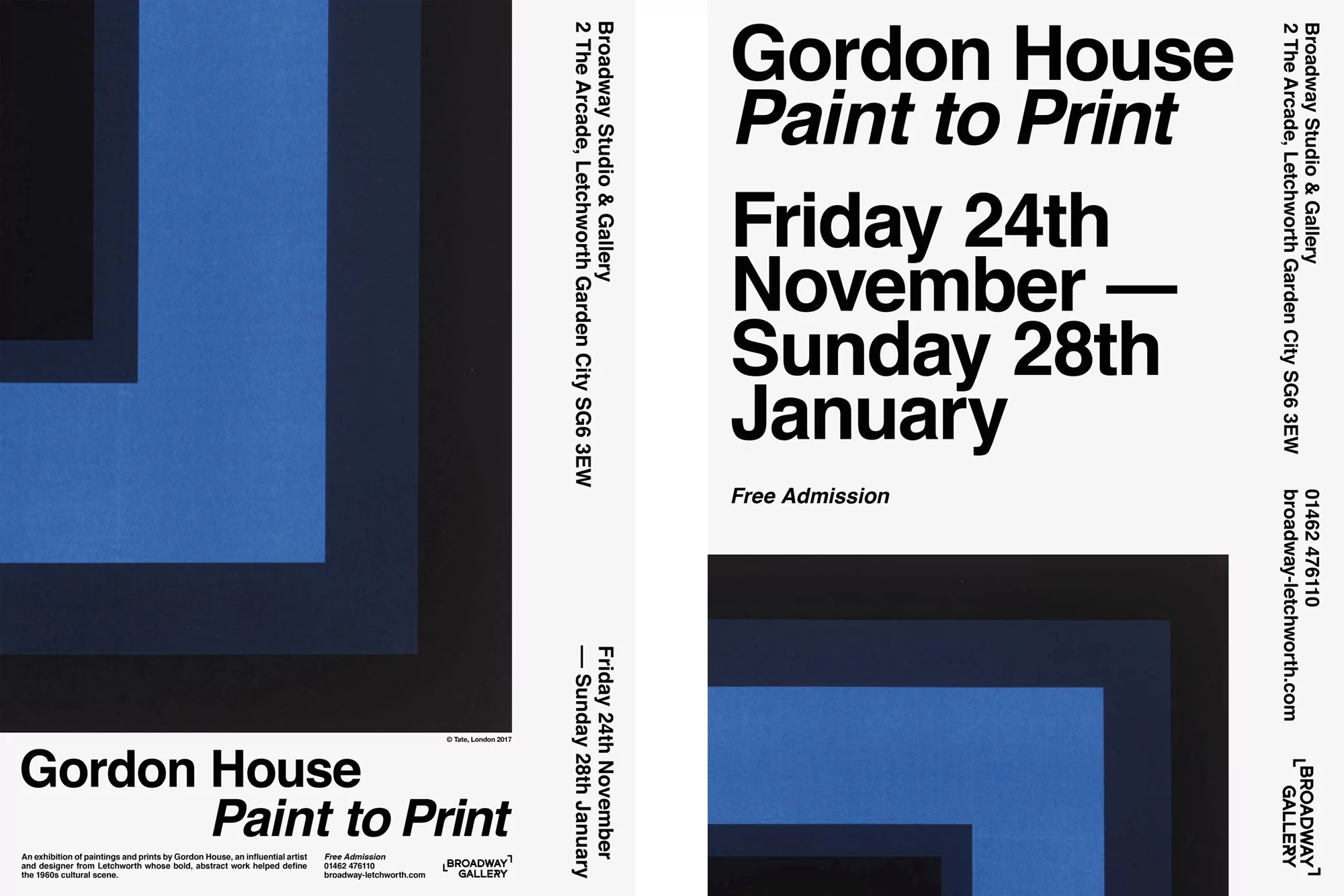 Poster for Gordon House's 'Paint to Print' exhibition at Broadway Studio & Gallery, featuring abstract geometric design in blue and black.