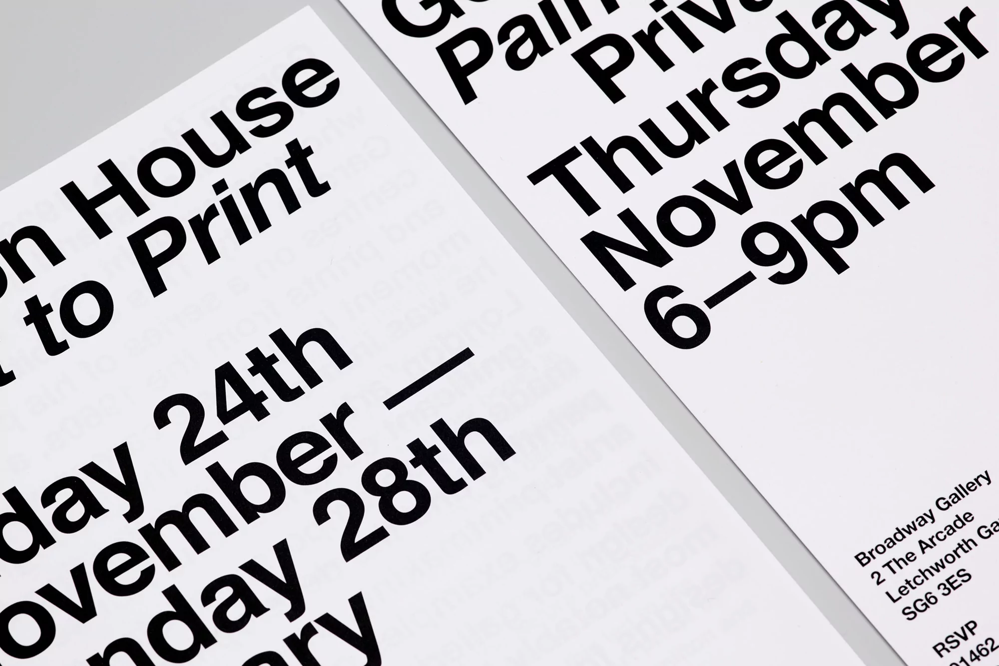 Close-up of black typography on two white event flyers featuring art gallery exhibition information with dates, times, and location.