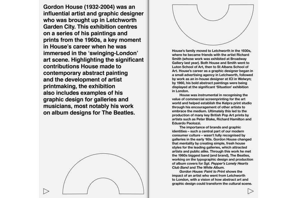 Exhibition promotional text and graphic design layout. Information on Gordon House's art, paintings, and printmaking career is featured.
