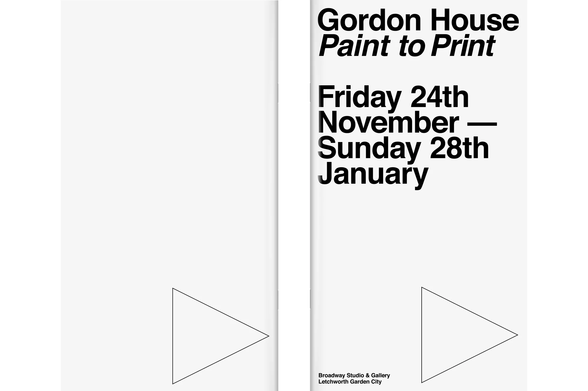 Promotional poster for the 'Gordon House: Paint to Print' exhibit, running from November 24th to January 28th at Broadway Studio & Gallery.