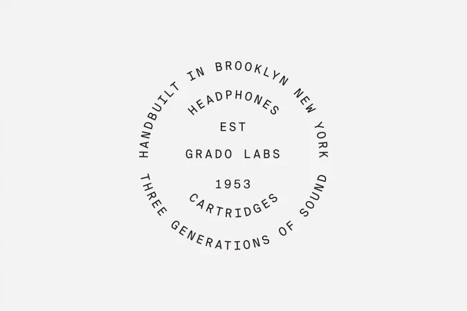 Grado Labs logo with text 'Handbuilt in Brooklyn New York,' 'Headphones EST,' 'Grado Labs 1953,' and 'Three Generations of Sound.'