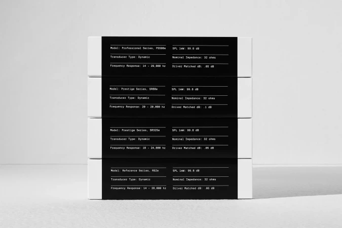 Stacked packages of Professional, Prestige, and Reference Series audio equipment on a white surface in a product studio environment.