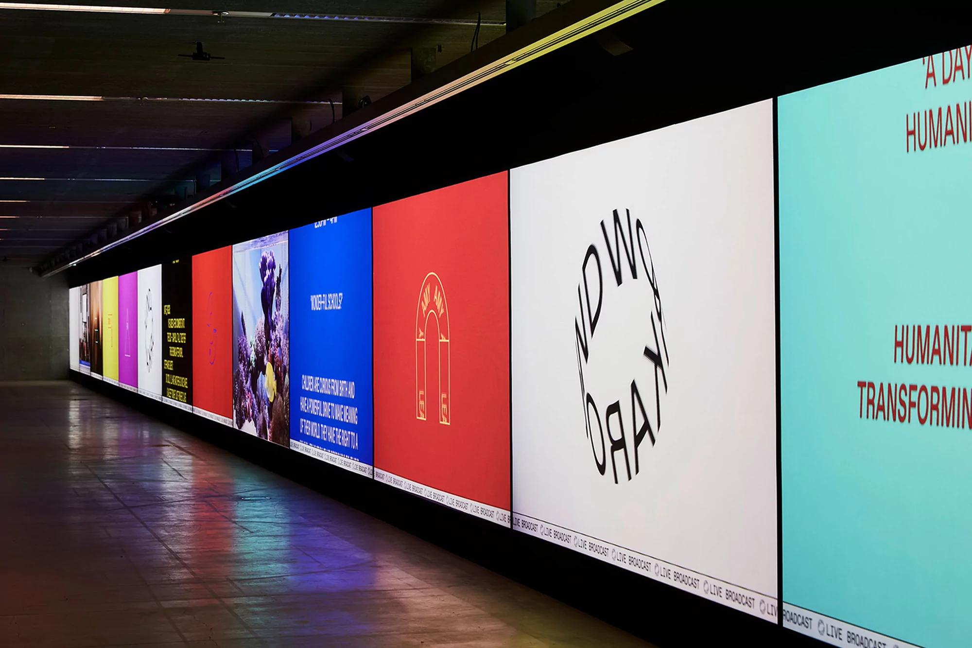 Indoor installation with multiple large light boxes displaying colorful digital art, graphic designs, and typography in a public space.