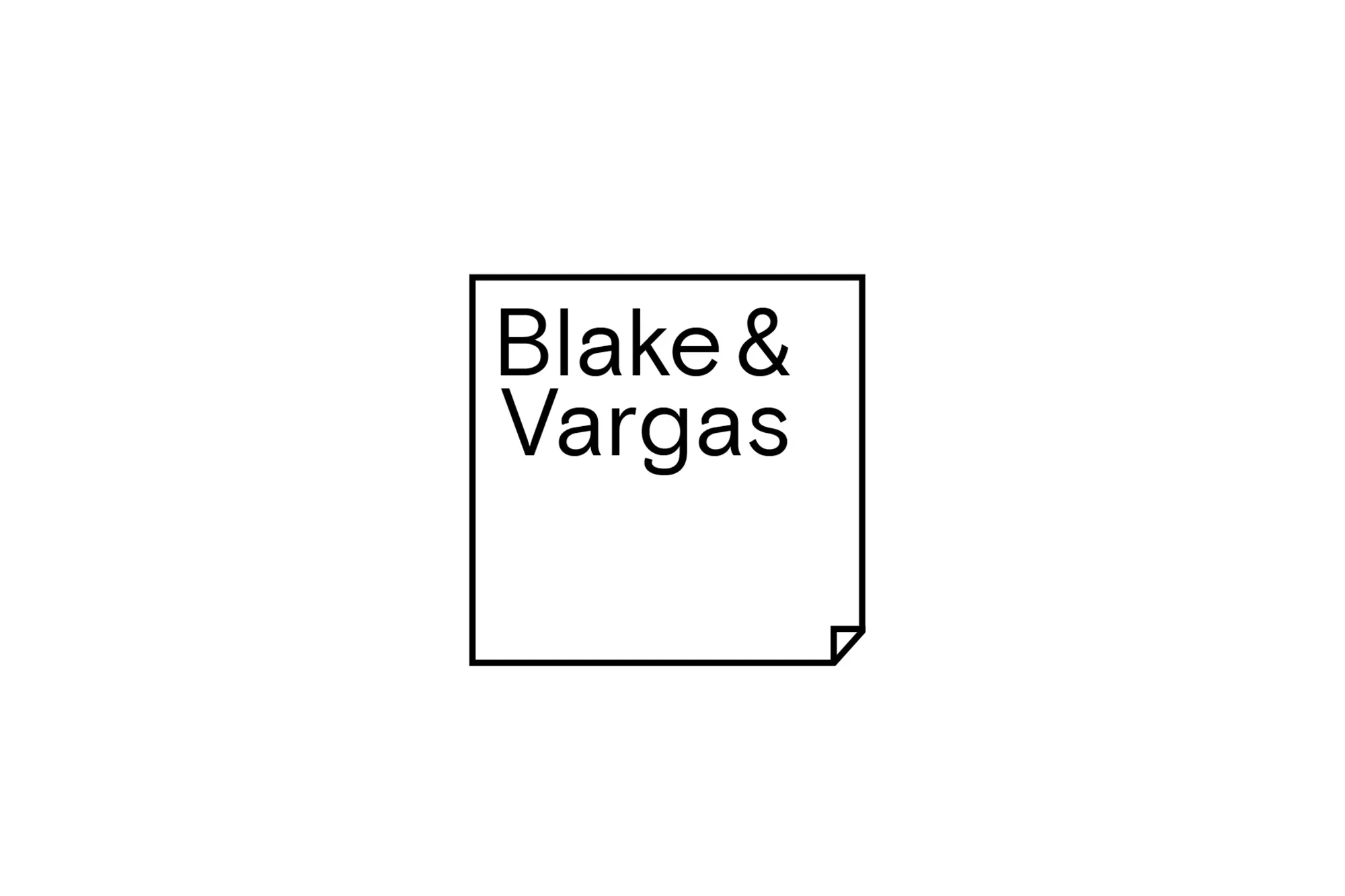 Minimalist logo of 'Blake & Vargas' in black text framed within a square with a curled corner, set against a white backdrop.