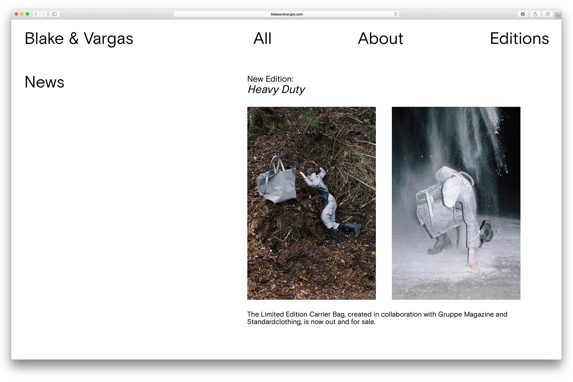 Website display featuring a child in outdoor apparel next to a grey tote bag, contrasted with an image of someone in a dust cloud.