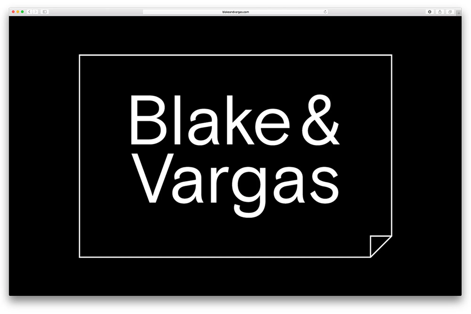 Black background with white text 'Blake & Vargas' inside a white border, corner graphic resembling a page peel.