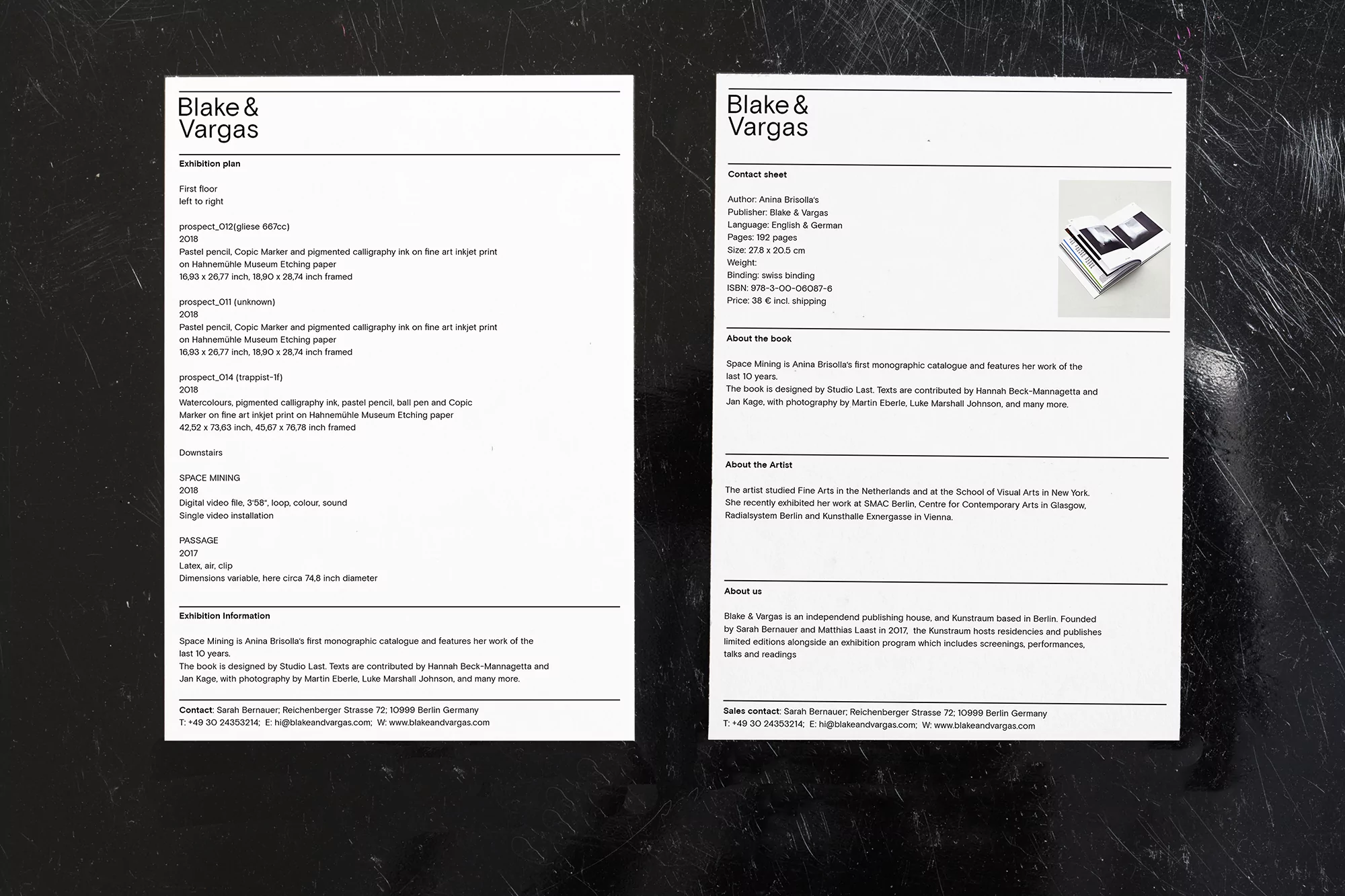 Two promotional flyers for a Blake & Vargas exhibition, detailing the exhibition plan, contact information, artist information, and featured works.