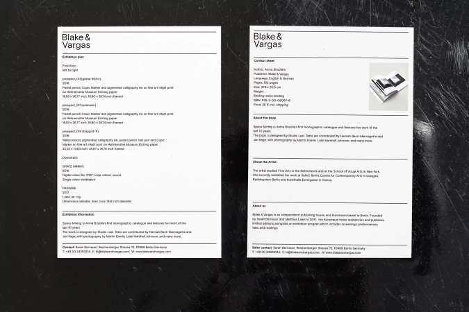 Two promotional flyers for a Blake & Vargas exhibition, detailing the exhibition plan, contact information, artist information, and featured works.