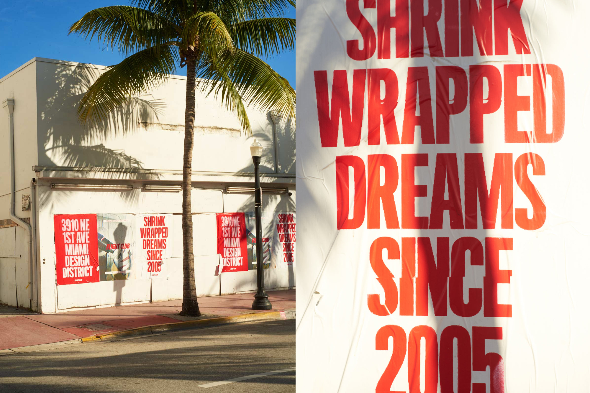 Urban street scene featuring a building facade adorned with vibrant promotional posters and a palm tree casting shadows in bright daylight.