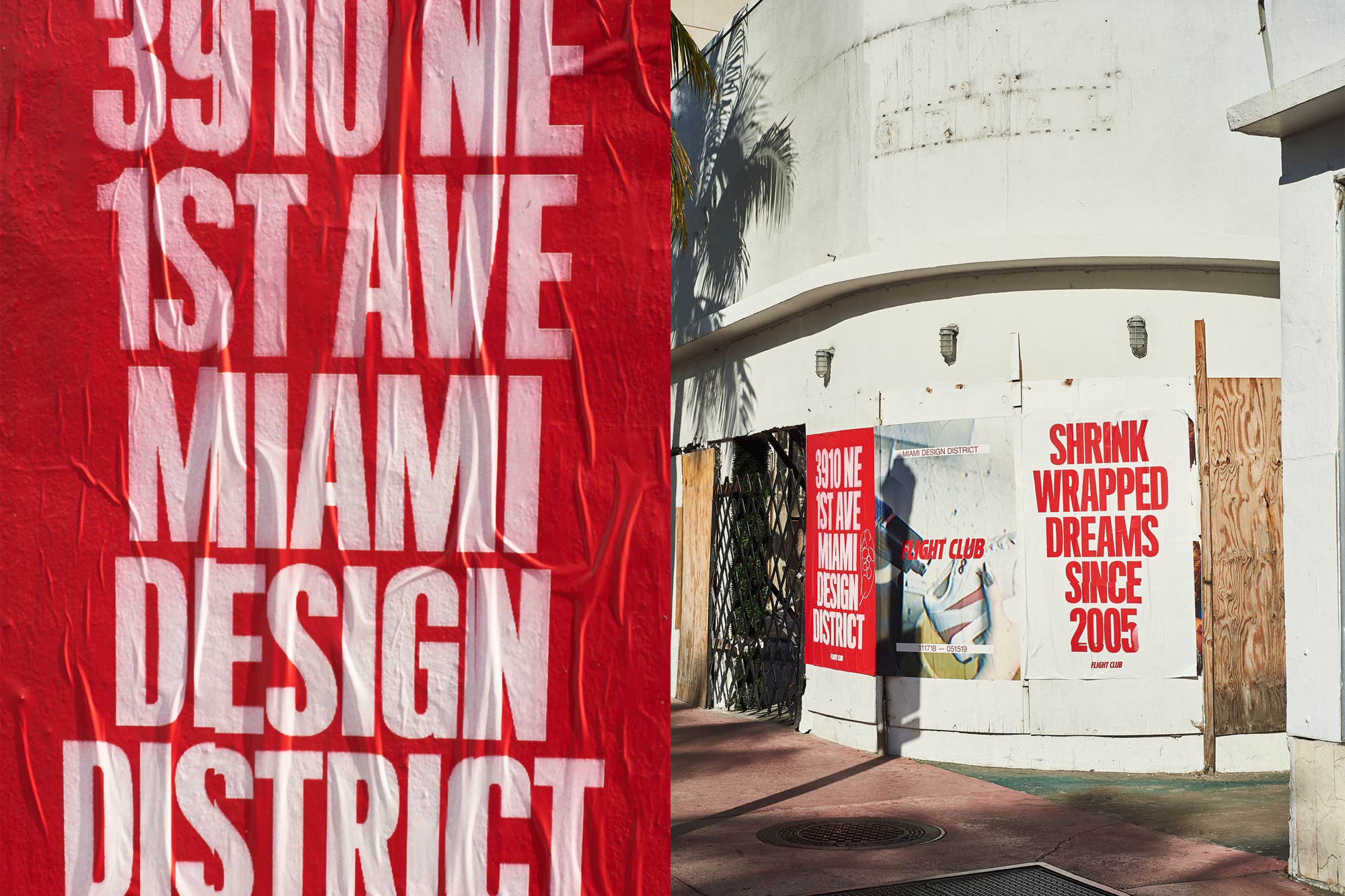 Architectural scene showcases posters with white text and imagery on a weathered building, capturing a raw urban aesthetic.