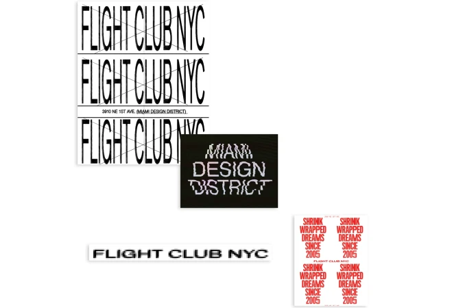 Text-based graphic art featuring 'Flight Club NYC' and 'Miami Design District' logos in bold black and red fonts on a white background.