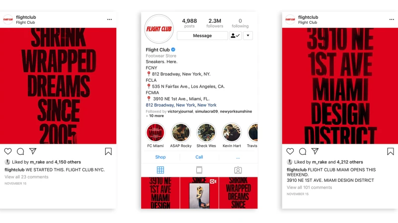 Three Flight Club Instagram posts side by side: Miami Design District store address; Flight Club slogan about dreams since 2005.