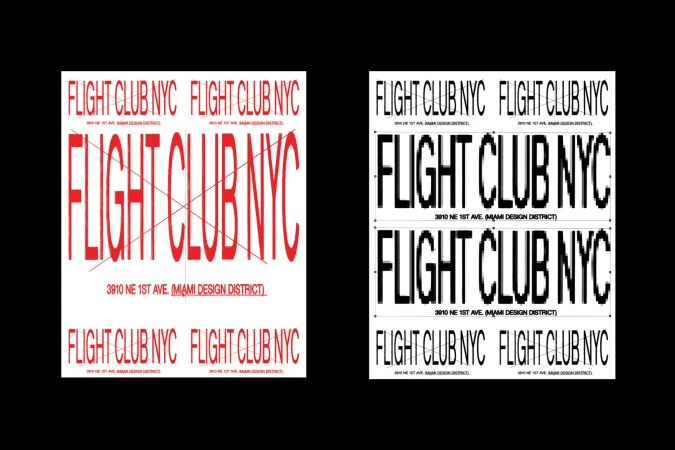 Graphic design featuring the text 'Flight Club NYC' in bold red and black fonts on a white and black background.