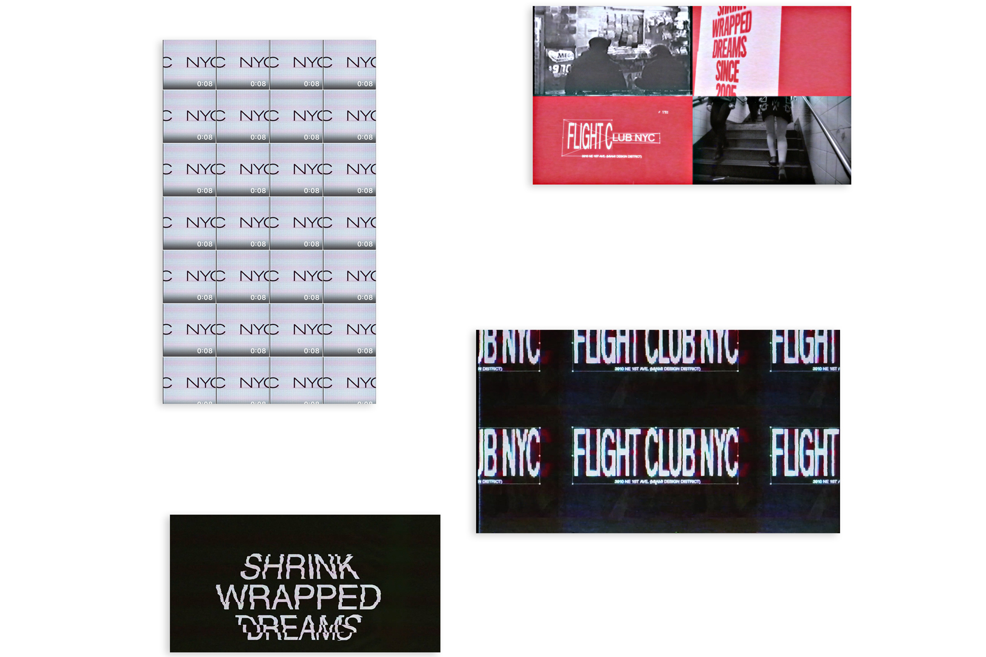 Abstract collage with repeating NYC text pattern, overlaid with black-and-white photo snippets and 'Shrink Wrapped Dreams' typography.