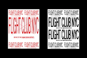 Two graphic design posters displaying Flight Club NYC typography in red and black against a white background.