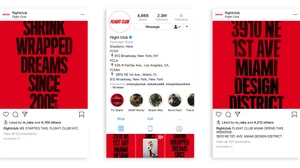 Three mobile screen captures displaying the Flight Club Instagram brand identity with bold red backgrounds and black typography.