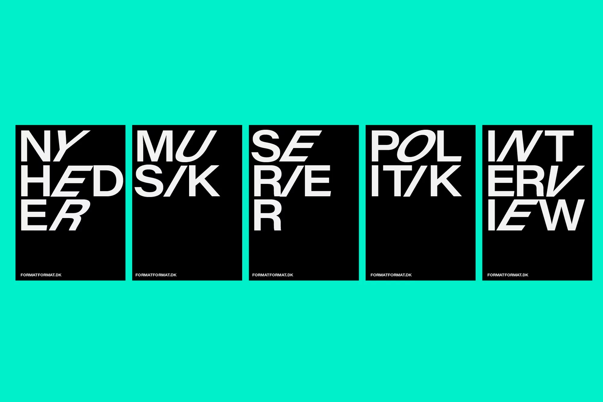 Graphic design features five black vertical rectangles against a bright teal background, each containing white typography. Bold and modern.