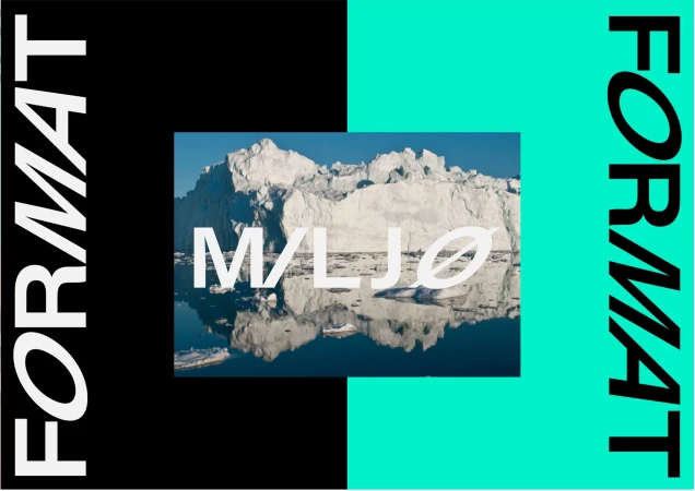 Scenic view of a glacier reflecting in the water, framed by graphic black and teal panels with vertical white typography.