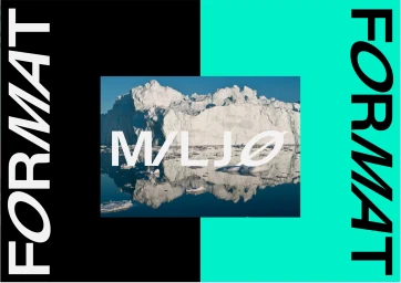 Split background graphic with a central iceberg photograph and bold vertical typography reading Format and Miljo