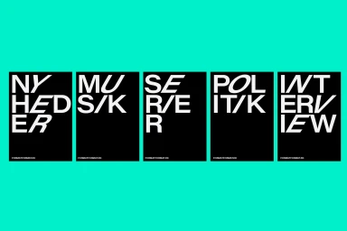 Five black vertical posters featuring bold white italic typography against a vibrant turquoise background.