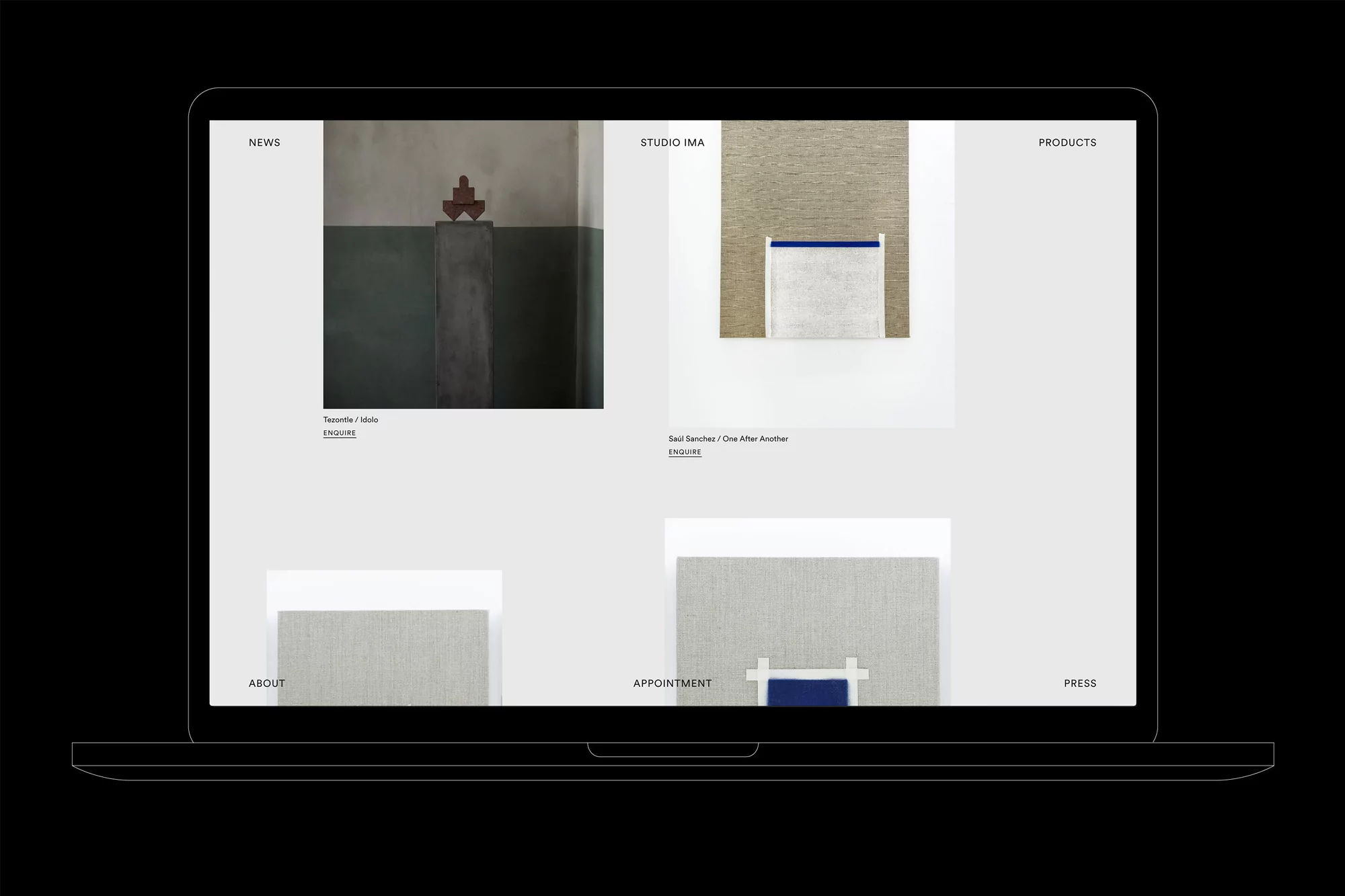 Laptop displays website featuring minimalist art exhibition, showing gallery layout, promoting modern artists in a studio setting.