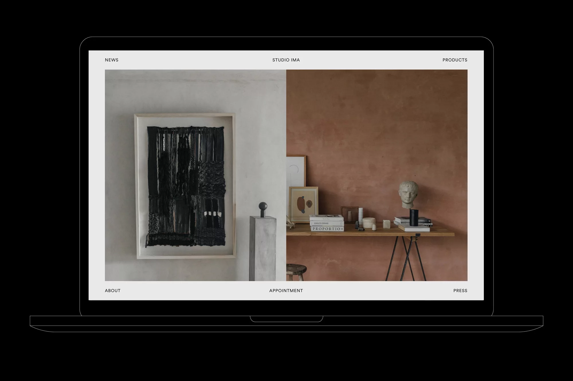 Laptop displaying an interior design website featuring modern art, home decor, and minimalist furniture, showcasing a split-screen aesthetic.