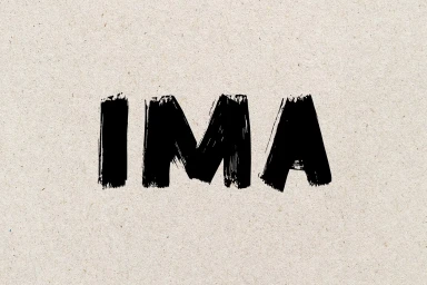 Bold black brushstroke typography spelling IMA on textured beige paper background