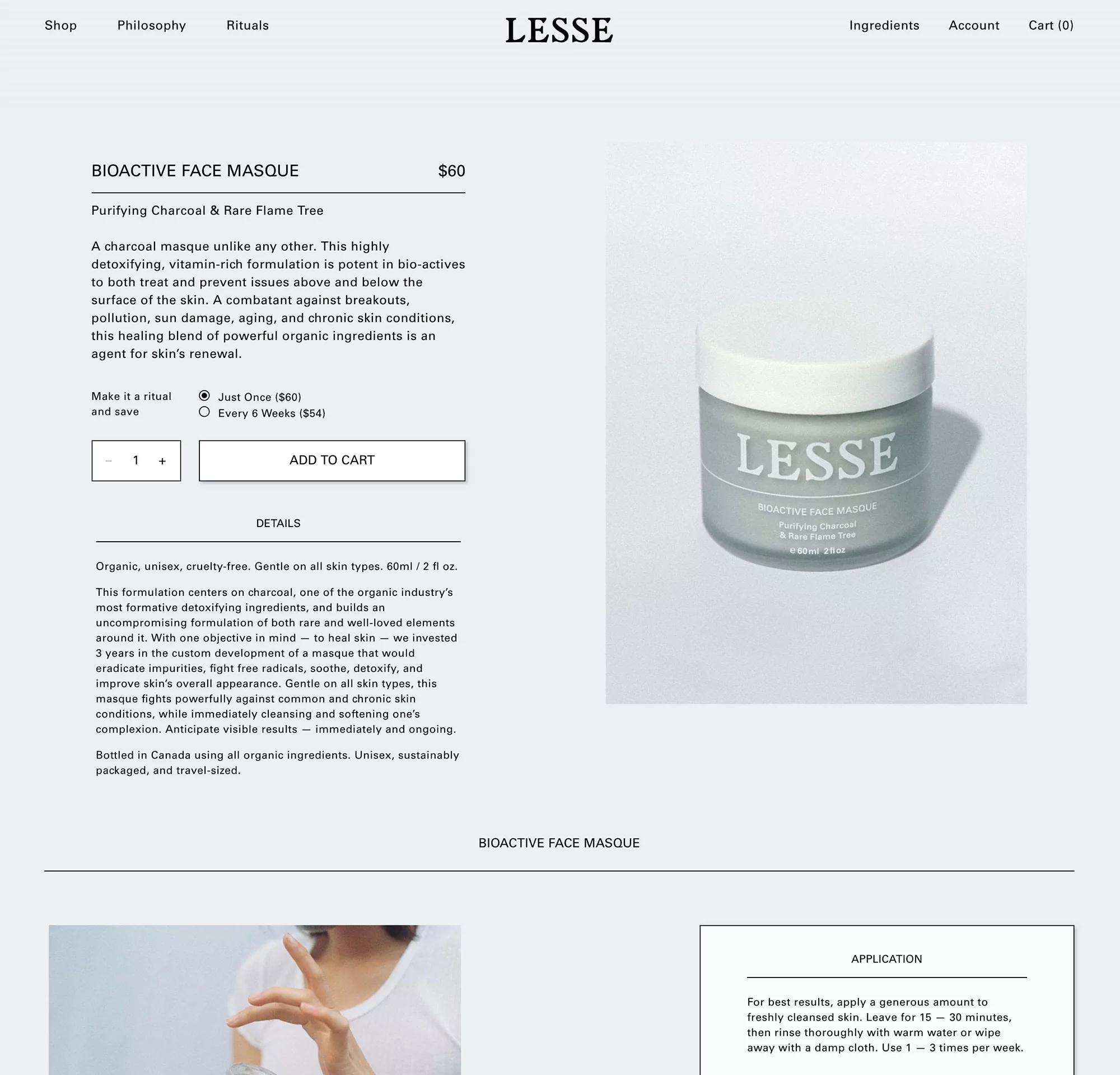 Bioactive face masque product shot. Lesse skincare product with purifying charcoal and rare flame tree for treating skin issues.