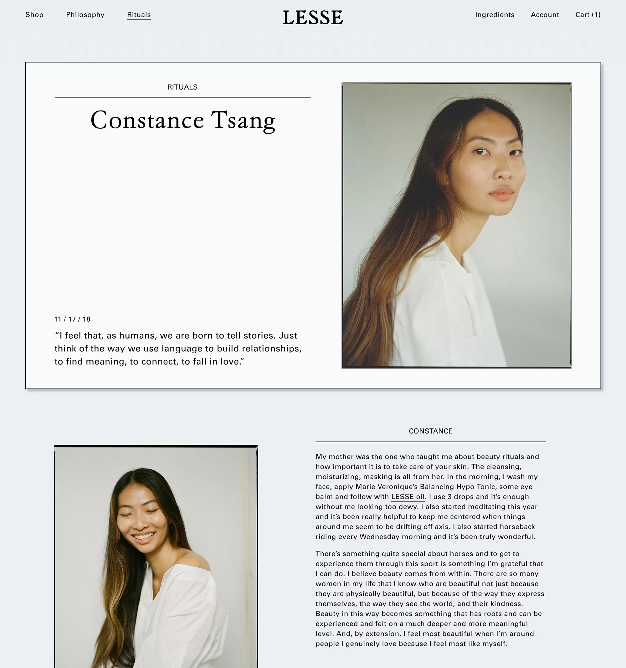 Constance Tsang of LESSE skincare, in a studio shot. Headshot of a beautiful woman, skincare and beauty concept, set against a neutral background.