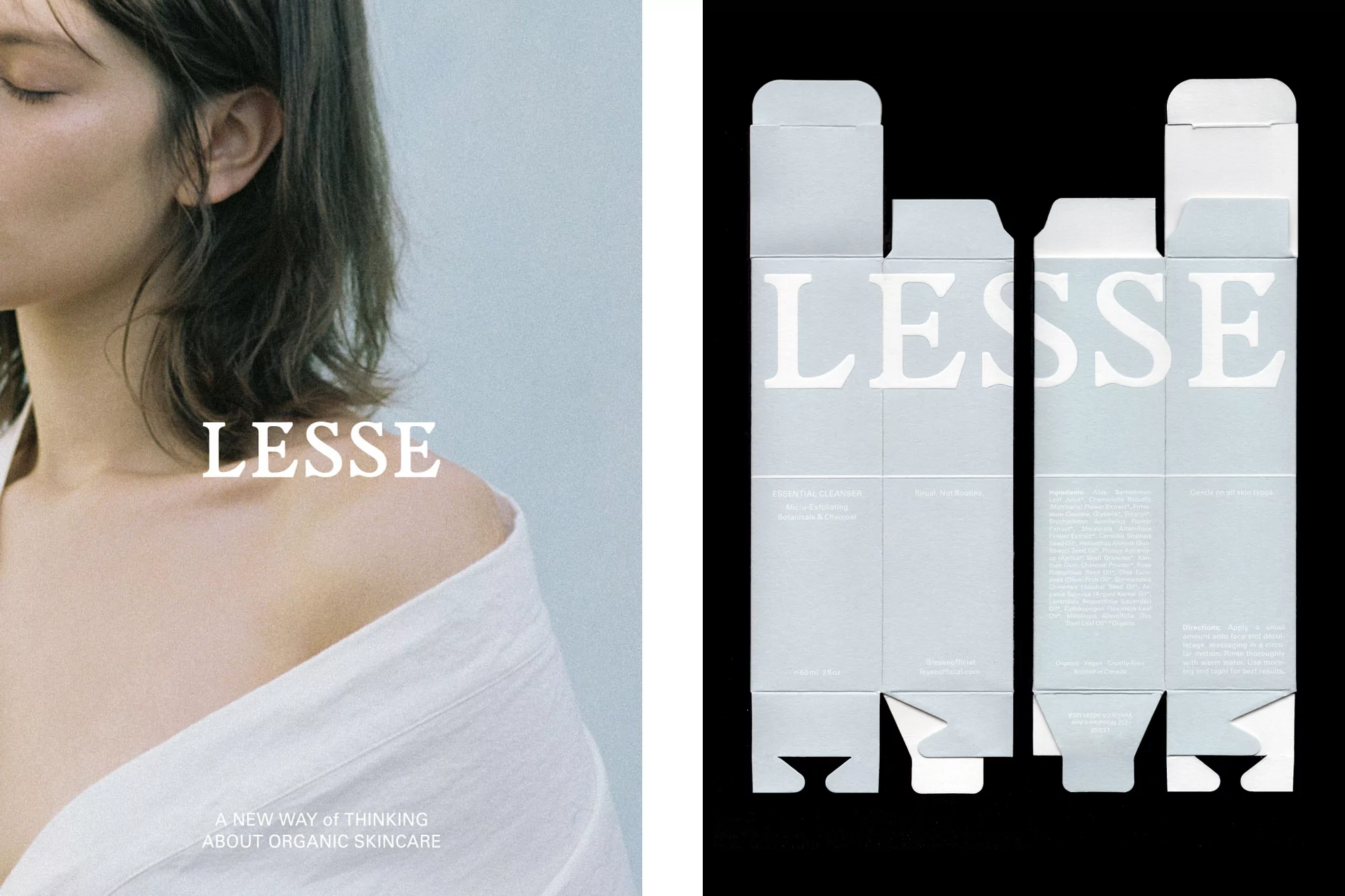Close-up of a young woman with a cosmetics package design showcasing the brand Lesse, set against a soft, neutral studio backdrop.