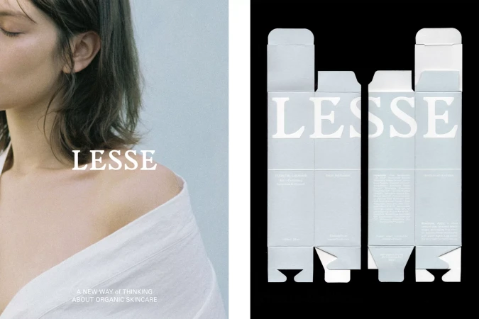 Close-up of a young woman with a cosmetics package design showcasing the brand Lesse, set against a soft, neutral studio backdrop.