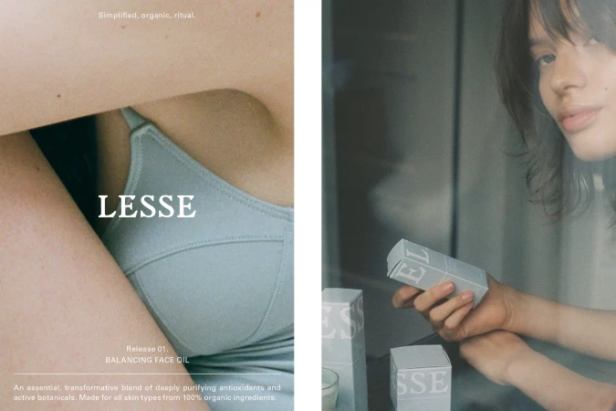Close-up shot featuring a woman holding Lesse skincare product, emphasizing minimalist design and organic ingredients for beauty and wellness.