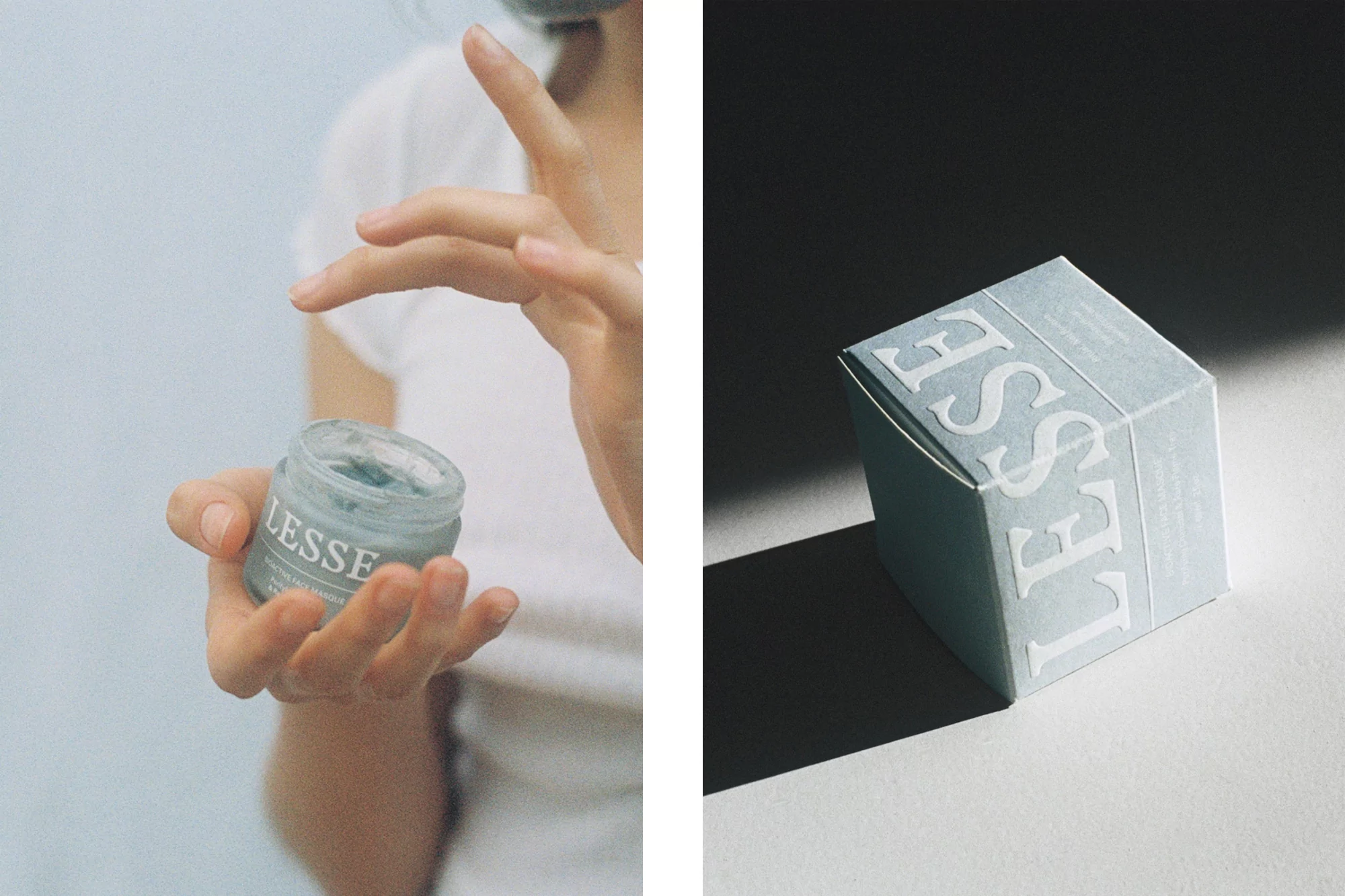 Close-up of a woman holding a Lesse skincare product jar, alongside a product box with the brand name 'Lesse' visible on both.