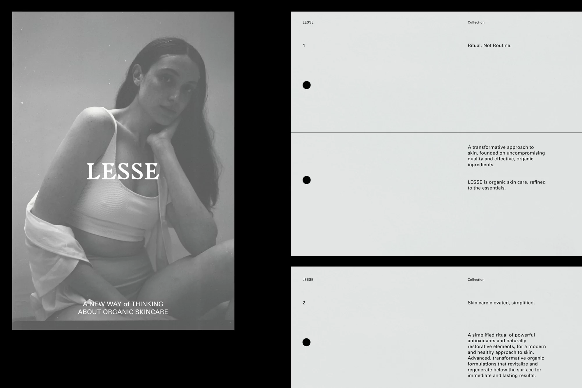 Monochromatic skincare advertisement features a young woman with long hair seated next to product information for LESSE organic skincare.