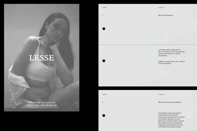 Monochromatic skincare advertisement features a young woman with long hair seated next to product information for LESSE organic skincare.