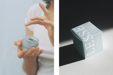 Close-up split image showing hands holding a Lesse skincare jar and a branded product box on a textured surface.