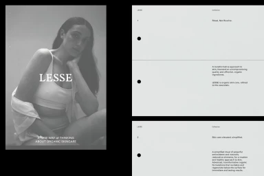 Black and white editorial image for Lesse featuring a seated woman and minimalist typography on neutral backdrop.