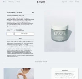Lesse Bioactive Face Masque product page screenshot displaying jar and branding details
