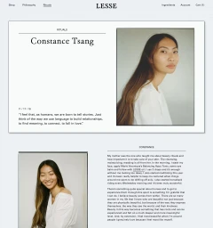 Web layout for Lesse brand identity featuring Constance Tsang portraits and editorial text by Natasha Mead