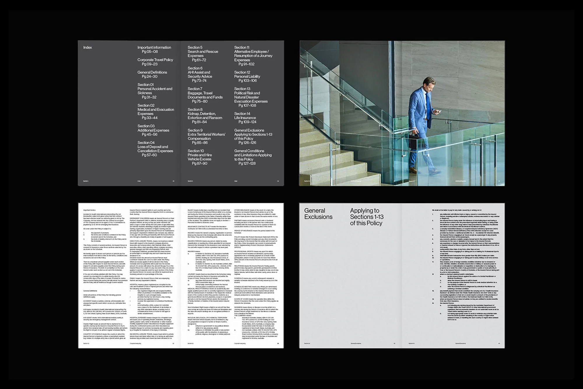 Advertisement for corporate travel policy with a man in a suit descending stairs, holding a briefcase and looking at his phone.