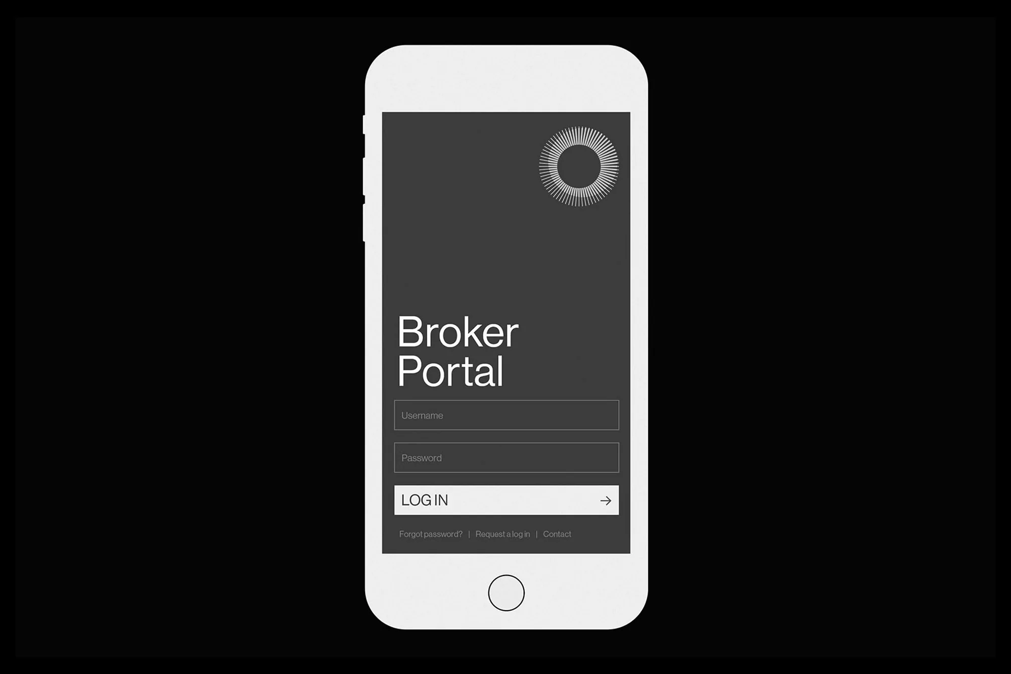 Smartphone mockup displaying a login screen for a Broker Portal, with fields for username and password against a gray and black interface.