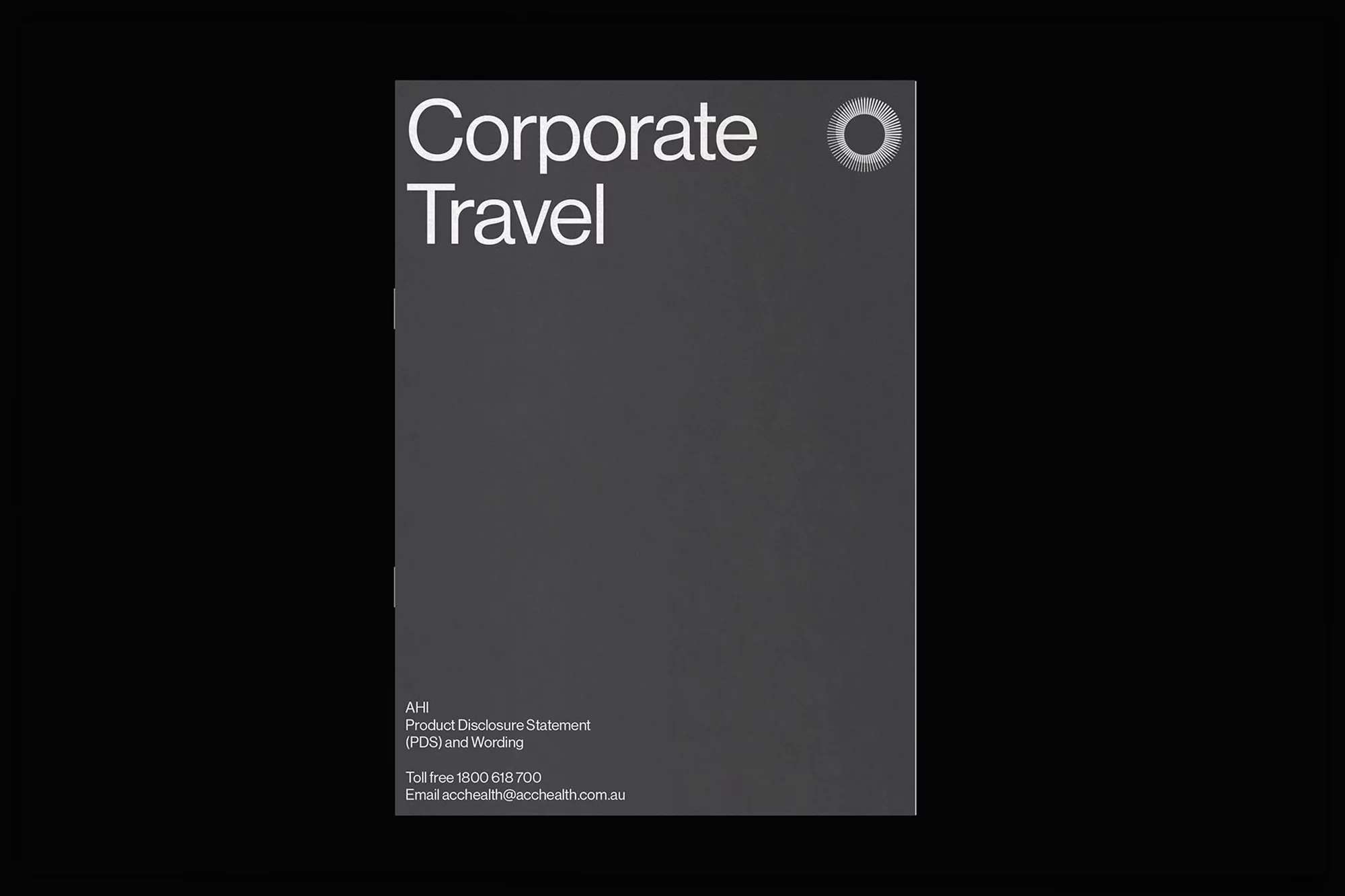 Corporate Travel ad. Dark gray vertical ad with white text reading 'Corporate Travel,' company information, and a circular logo.