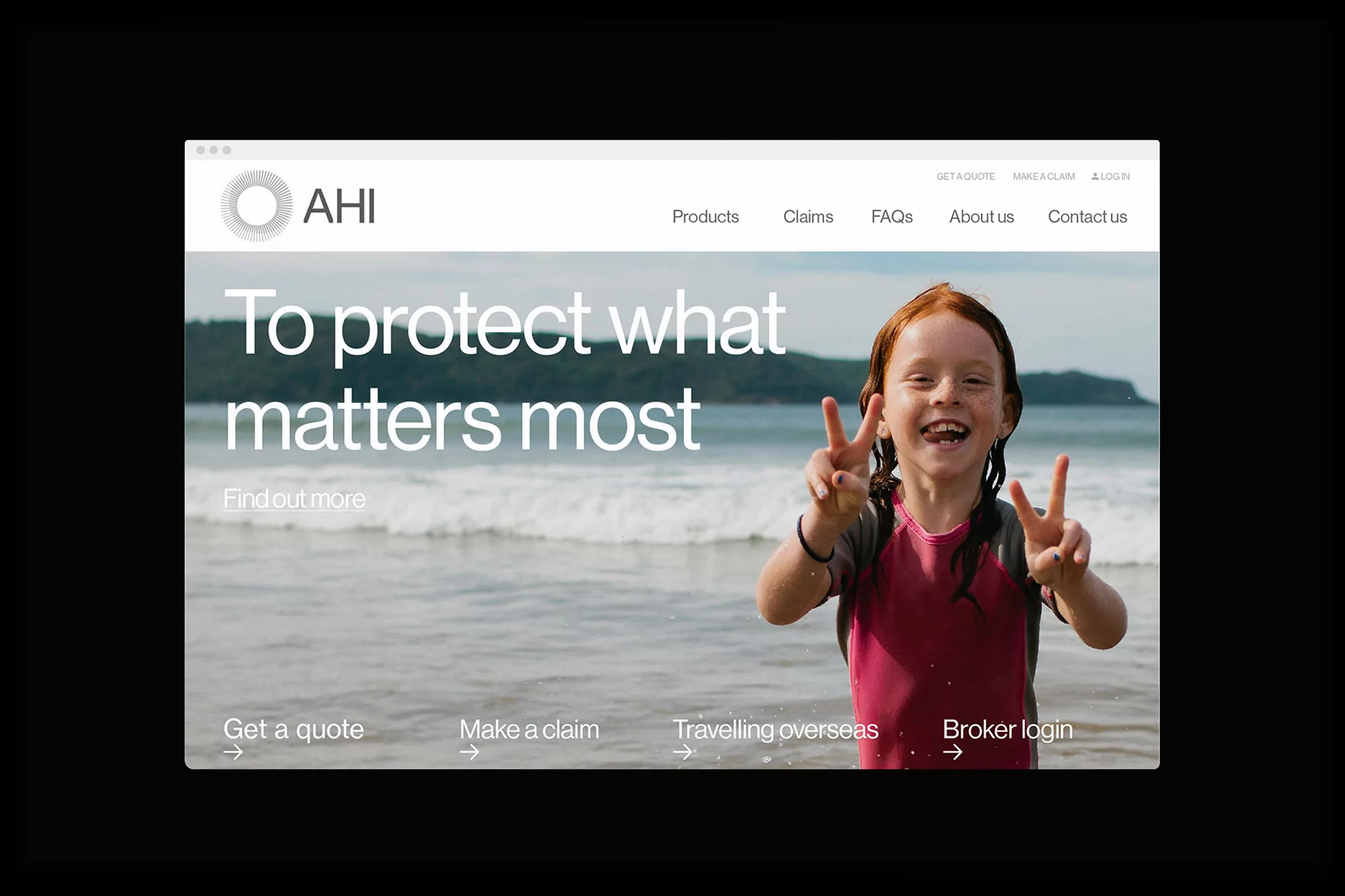 Website display with smiling child on a beach offering insurance. The site promotes protection with ocean and shoreline in the background.